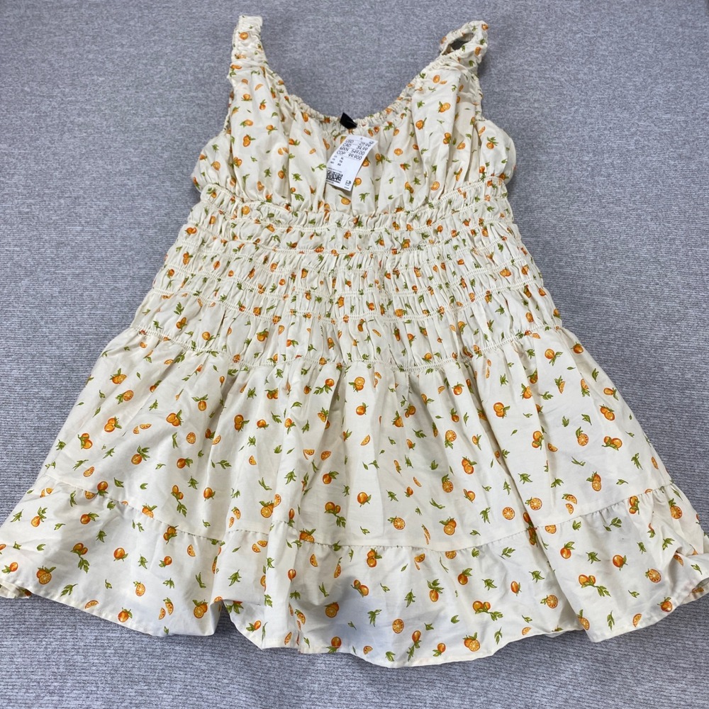 HM Divided Orange Fruit Print Smocked Mini Dress XL New‎ With Tags White Cotton